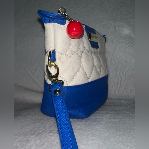 Betsey Johnson Pouch in Blue & White w/ Stitched Heart Design & Cherry C… - Picture 4 of 7